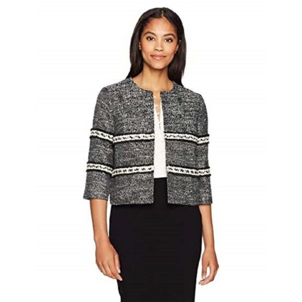 Ellen Tracy Cropped Tweed Blazer Jacket Open Front BlackWhite SZ 4 P New